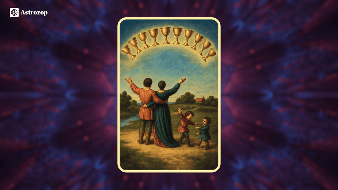 Ten of Cups tarot card showing a family under a rainbow of ten golden cups