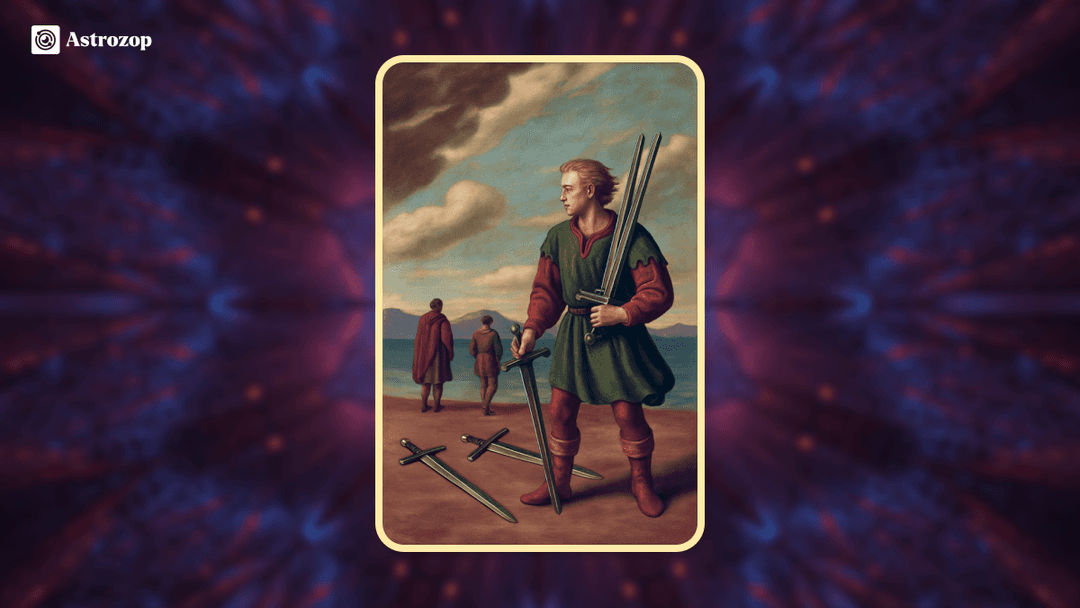 Five of Swords tarot card showing a figure holding three swords