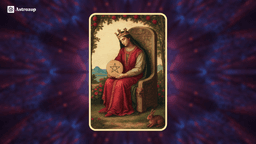 Queen of Pentacles tarot card showing a regal woman holding a pentacle surrounded by nature