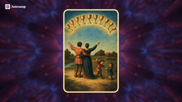 Ten of Cups tarot card showing a family under a rainbow of ten golden cups
